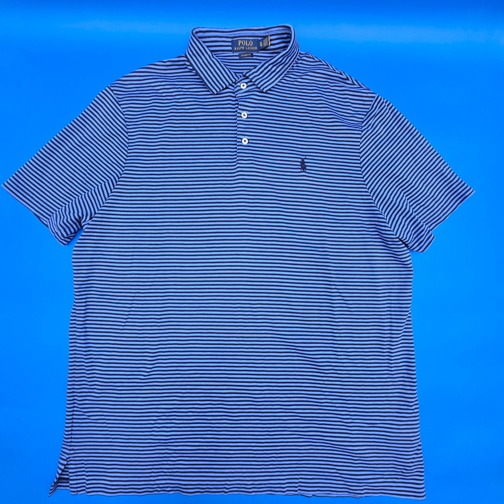 Polo Ralph Lauren Mens XL Classic Fit‎ Striped Short Sleeve Polo Shirt Blue Navy